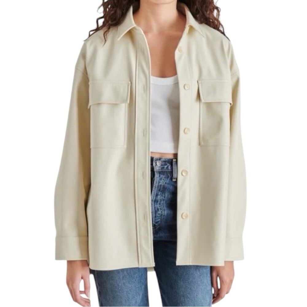 NEW Steve Madden Vegan Leather Shacket Oversized Button Down Shirt Bone Ivory XL